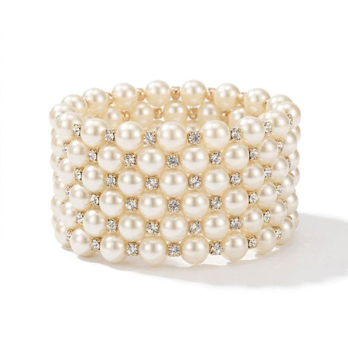 French Vintage Multilayer Pearl and Rhinestone Wide Cuff Bracelet for Women