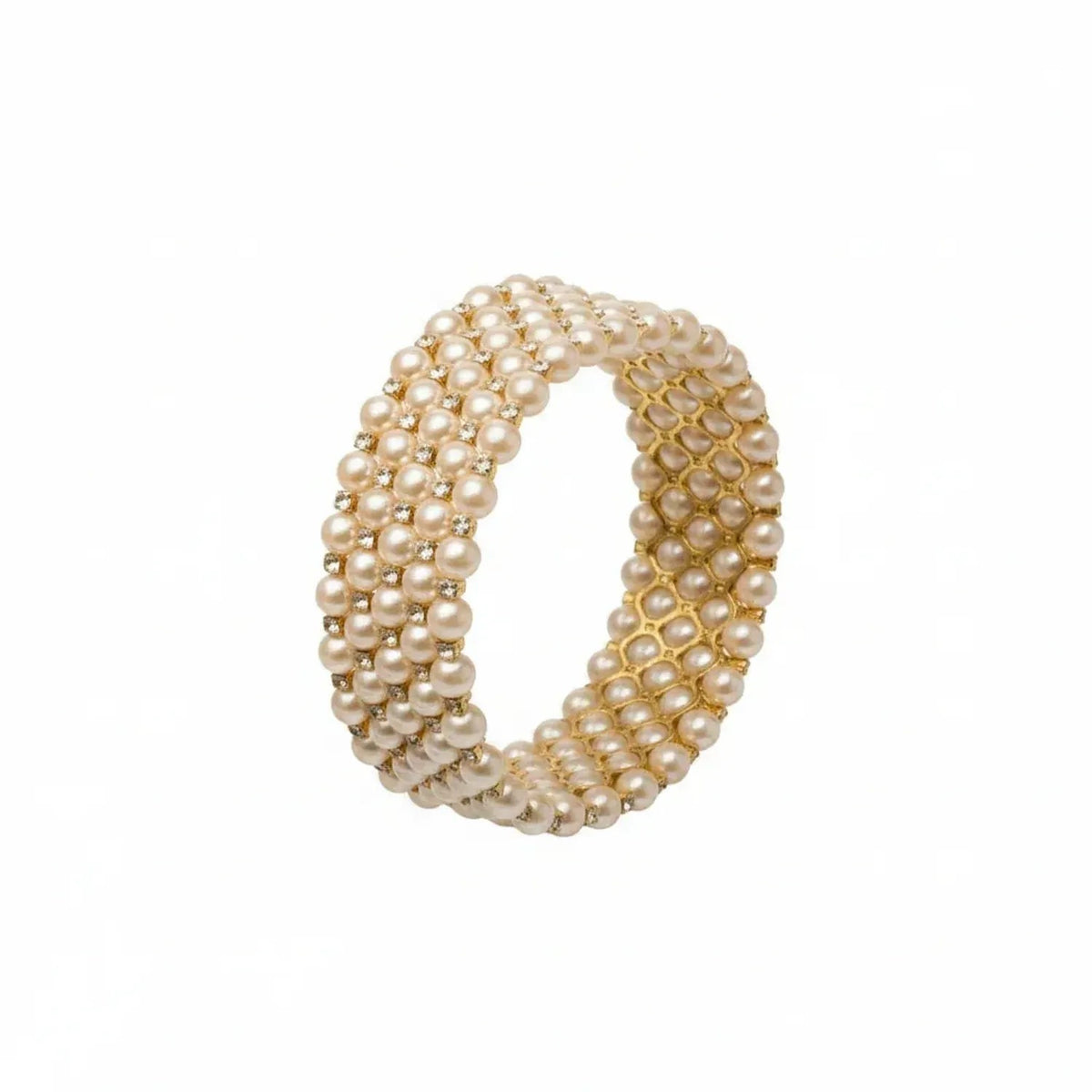 French Vintage Multilayer Pearl and Rhinestone Wide Cuff Bracelet for Women
