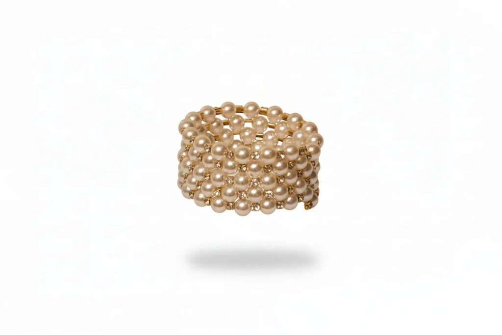French-Vintage Multilayer Pearl & Rhinestone Wide Bracelet