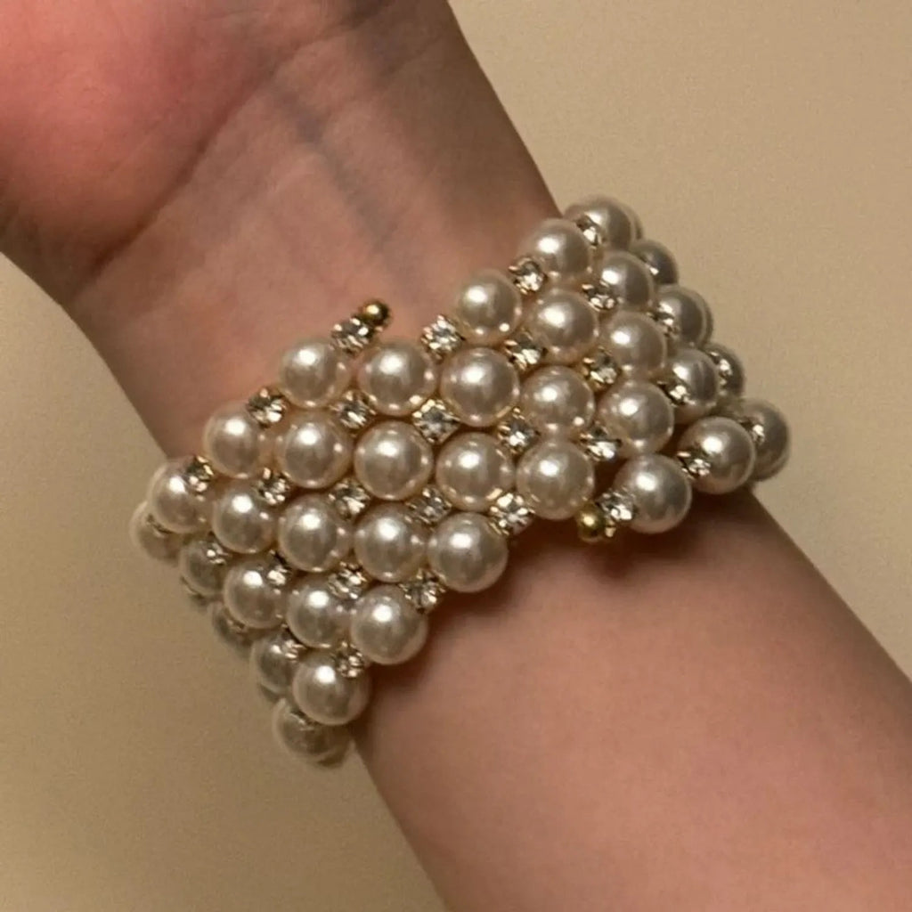 French-Vintage Multilayer Pearl & Rhinestone Wide Bracelet