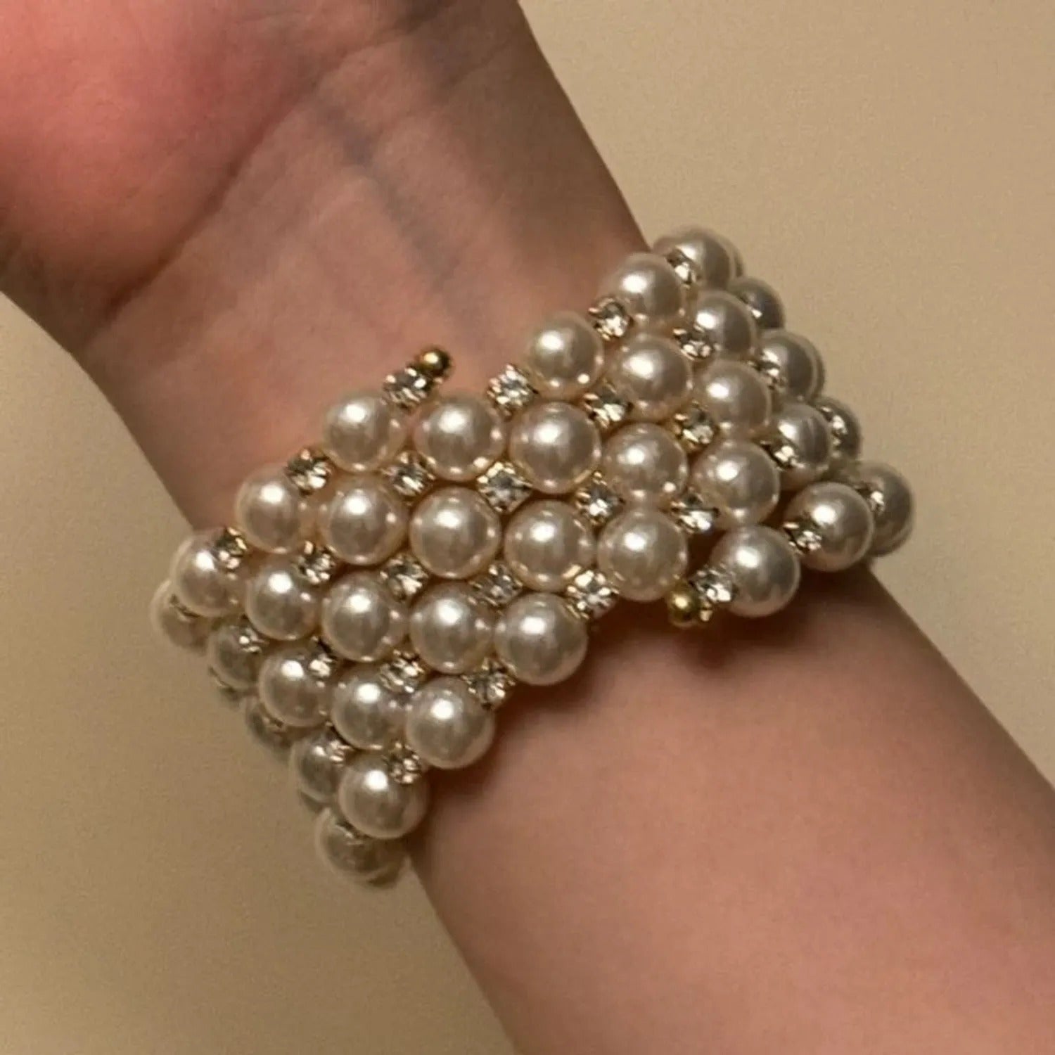 French-Vintage Multilayer Pearl & Rhinestone Wide Bracelet