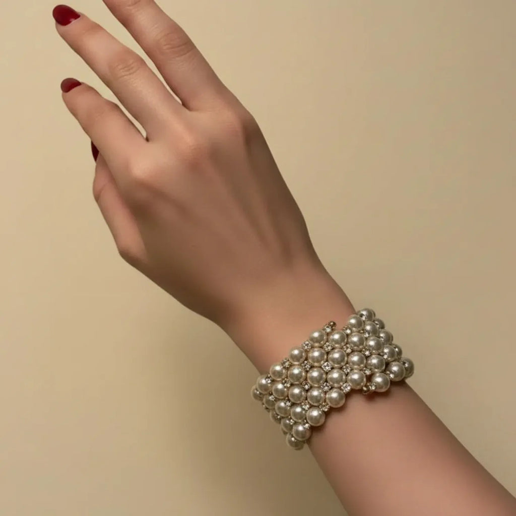 French-Vintage Multilayer Pearl & Rhinestone Wide Bracelet