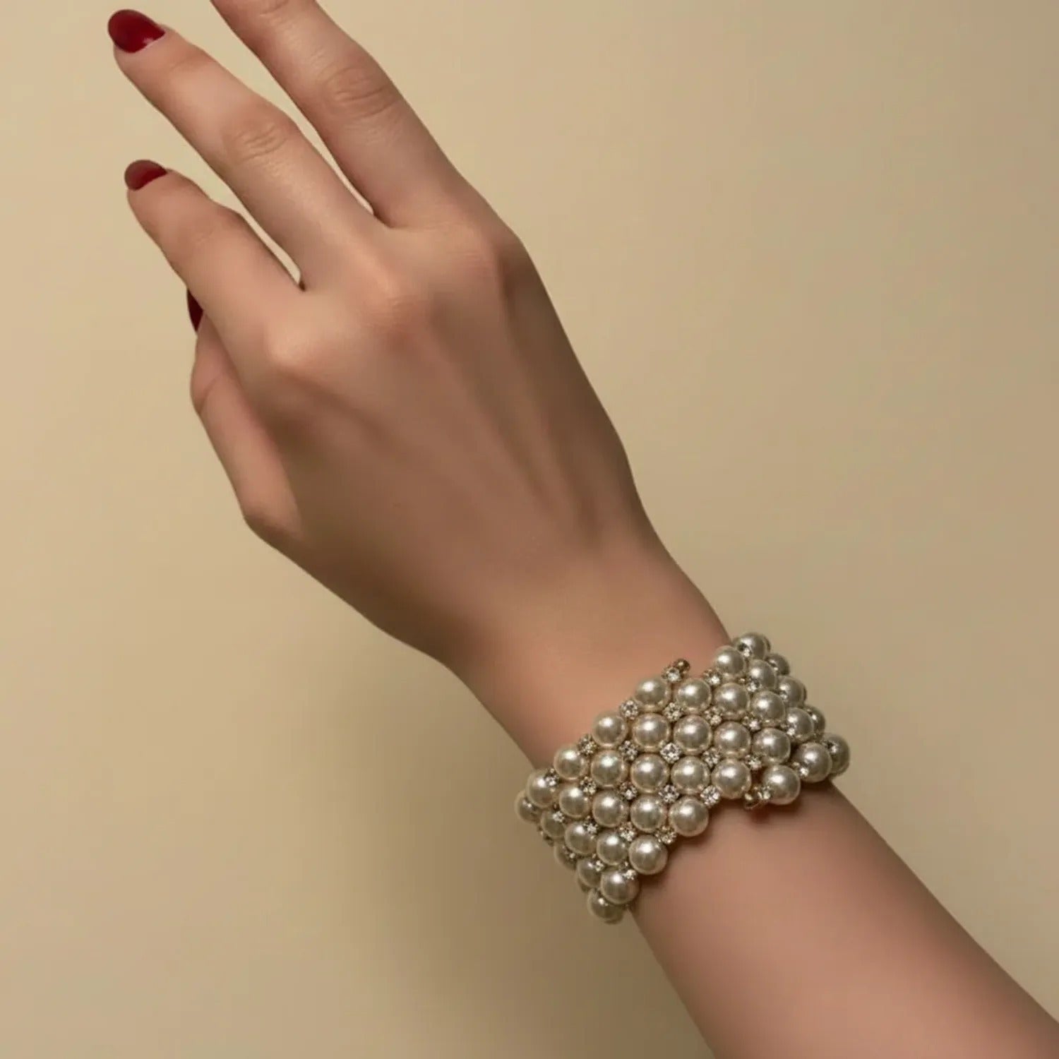 French-Vintage Multilayer Pearl & Rhinestone Wide Bracelet