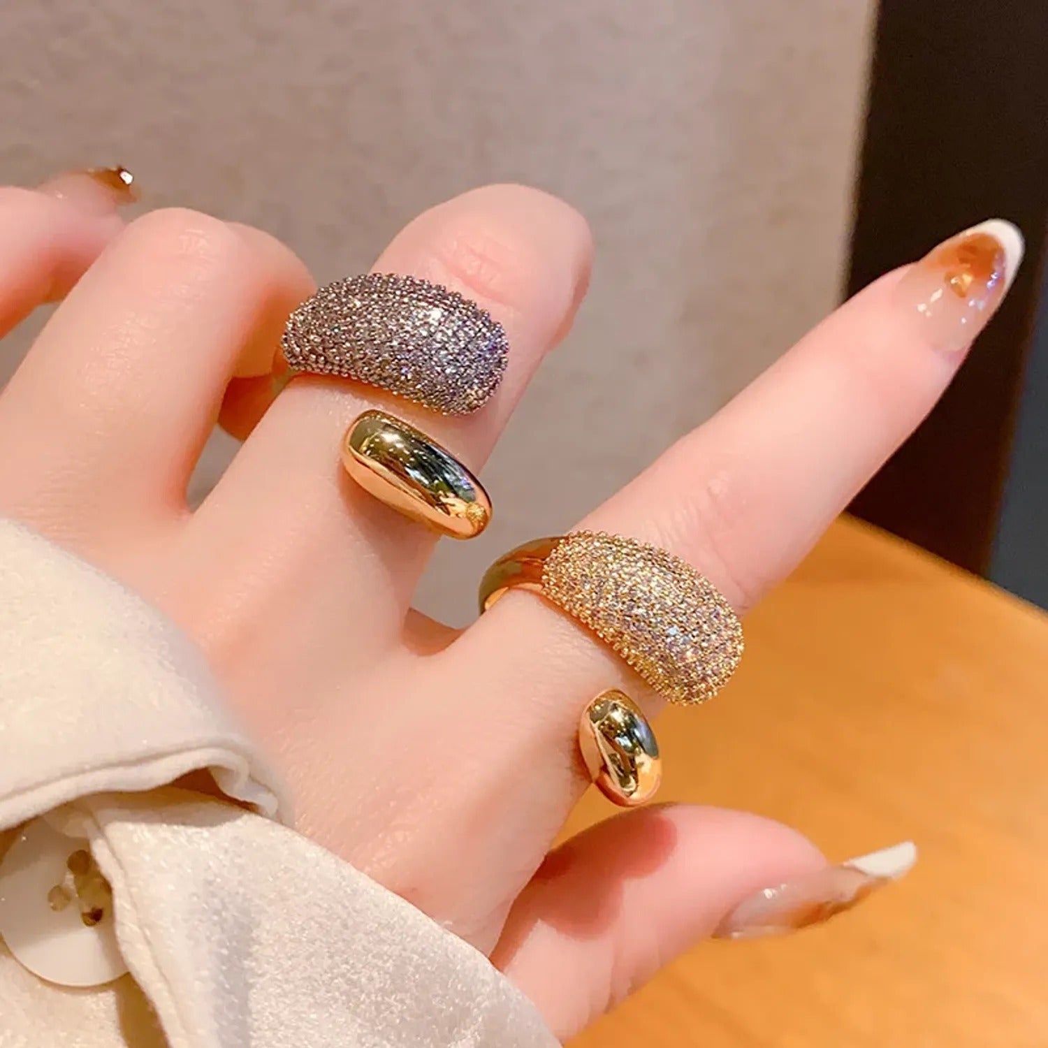 Fully Diamond Zircon Open Ring — Korean Light Luxury