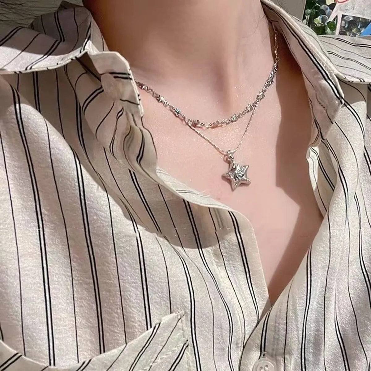 Galaxy Double-Layer Star Pendant Necklace, Plated Brass Layered Chain