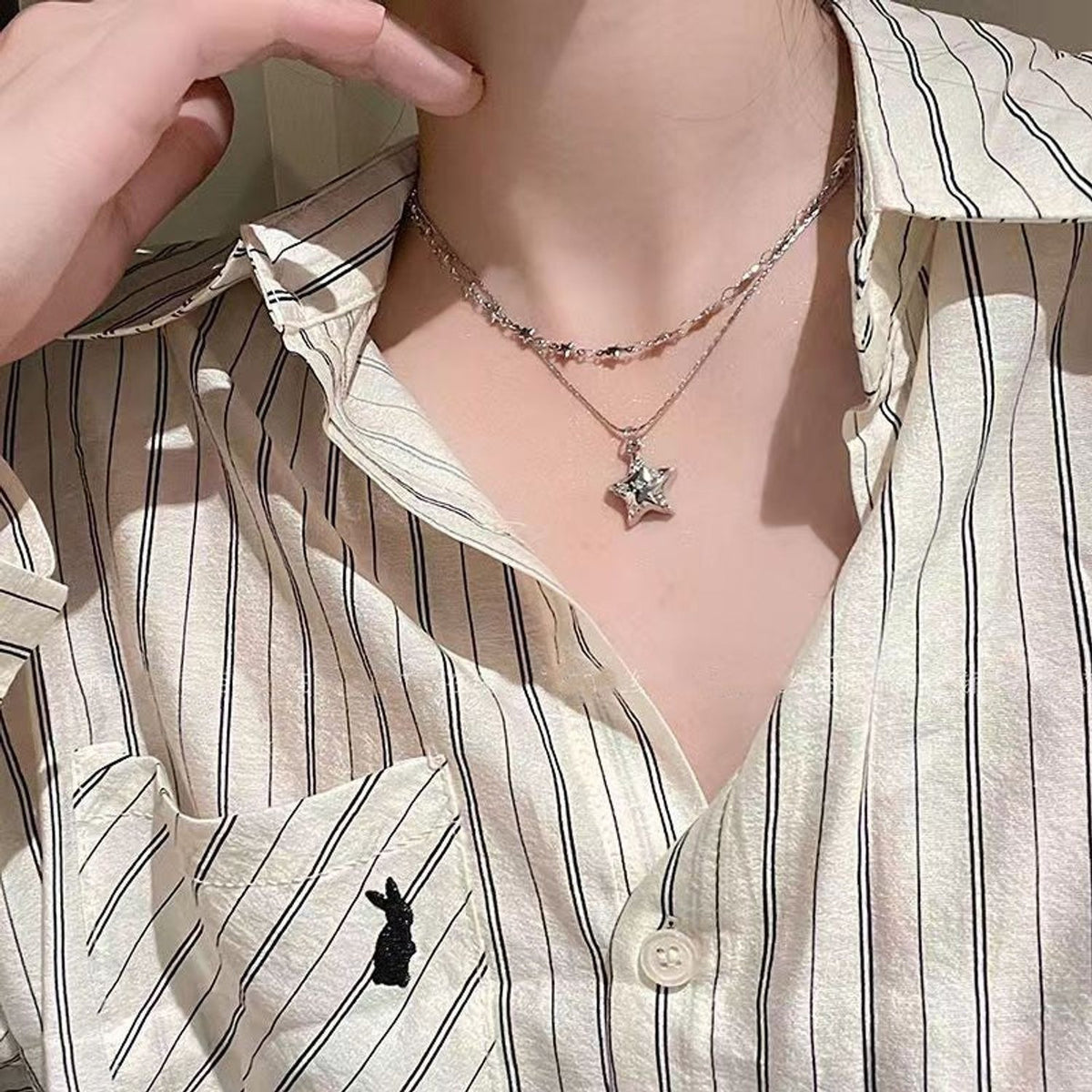 Galaxy Double-Layer Star Pendant Necklace, Plated Brass Layered Chain