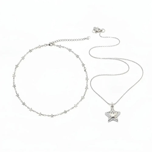 Galaxy Double-Layer Star Pendant Necklace, Plated Brass Layered Chain