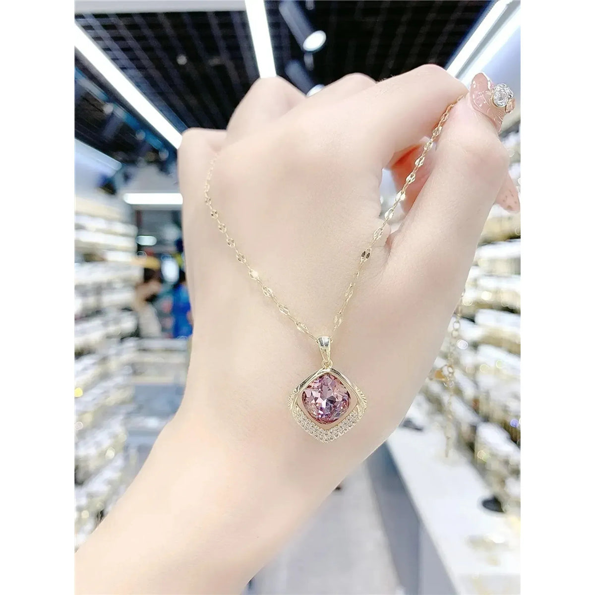 Geometric Crystal Pendant Choker Necklace Titanium Steel Water Wave Chain