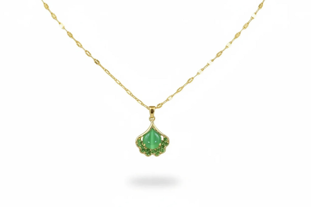 Ginkgo Leaf Green Cat's Eye Stone Clavicle Necklace