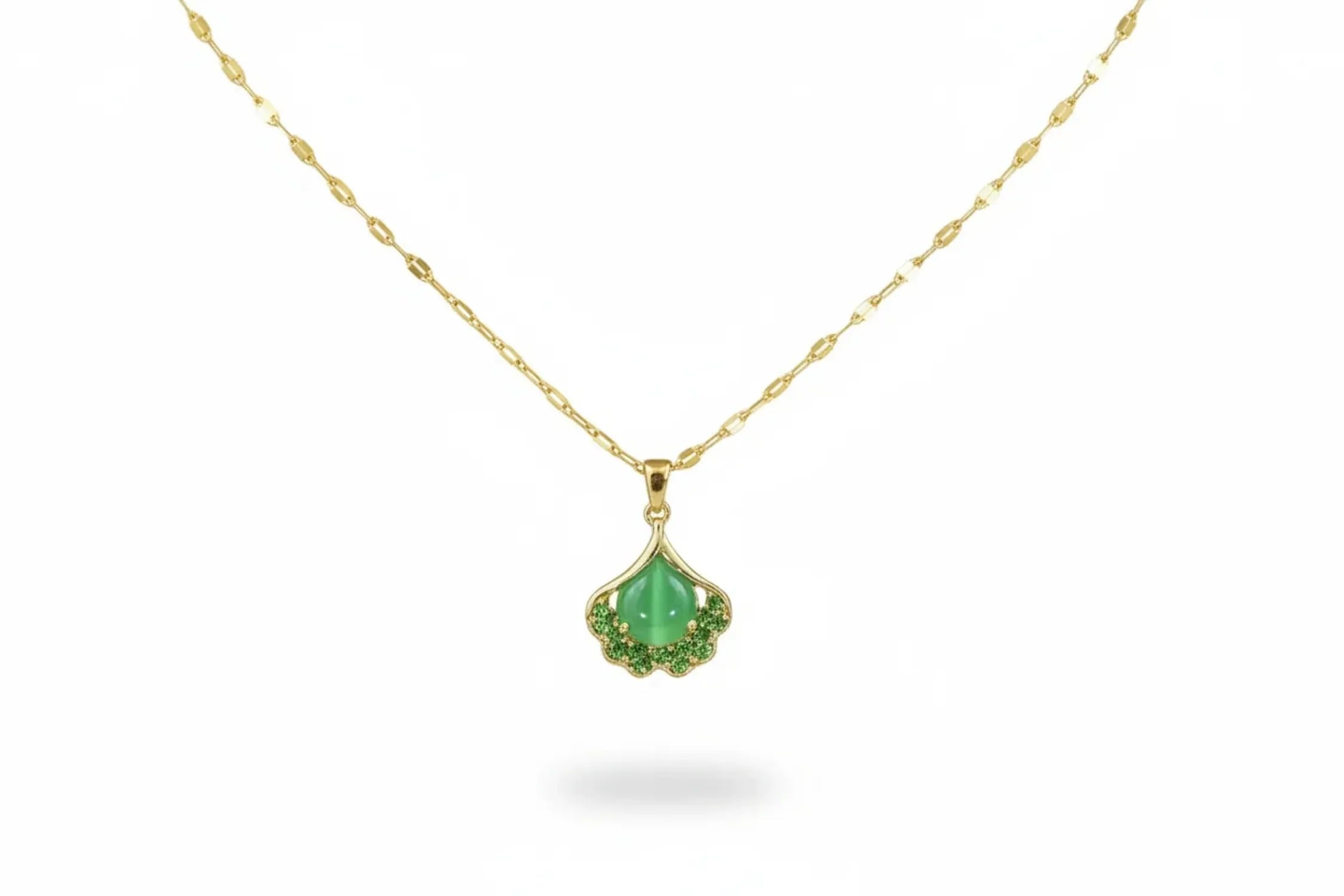 Ginkgo Leaf Green Cat's Eye Stone Clavicle Necklace