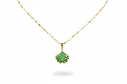Ginkgo Leaf Green Cat's Eye Stone Clavicle Necklace