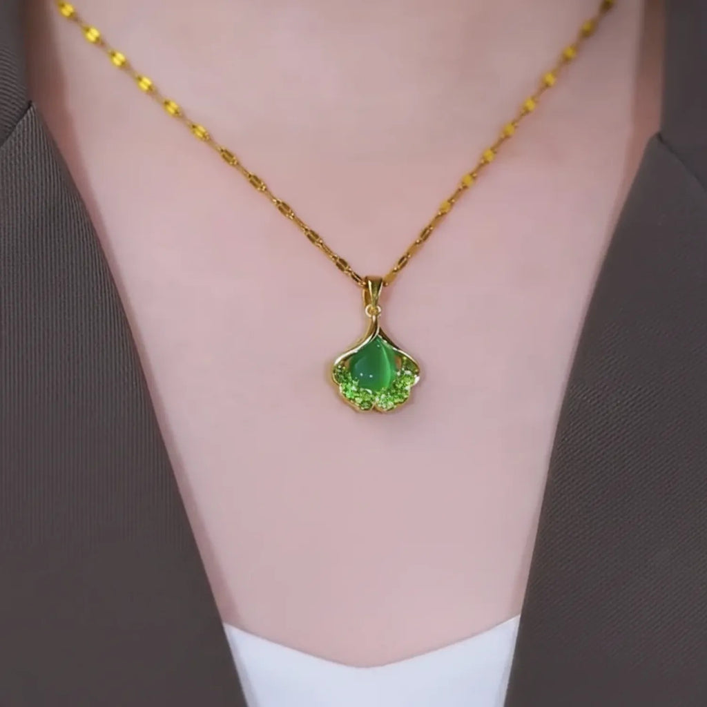 Ginkgo Leaf Green Cat's Eye Stone Clavicle Necklace