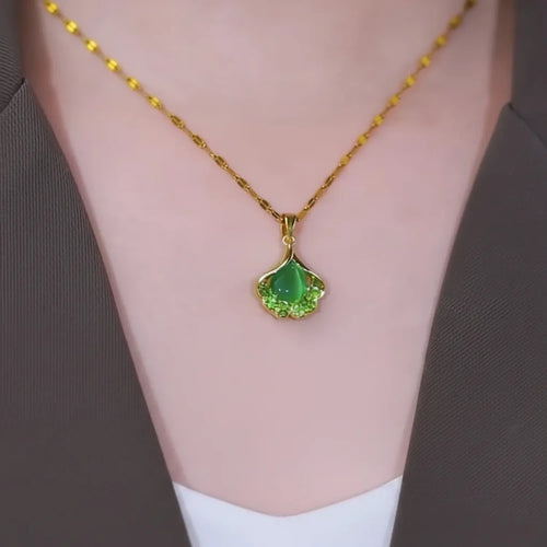 Ginkgo Leaf Green Cat's Eye Stone Clavicle Necklace