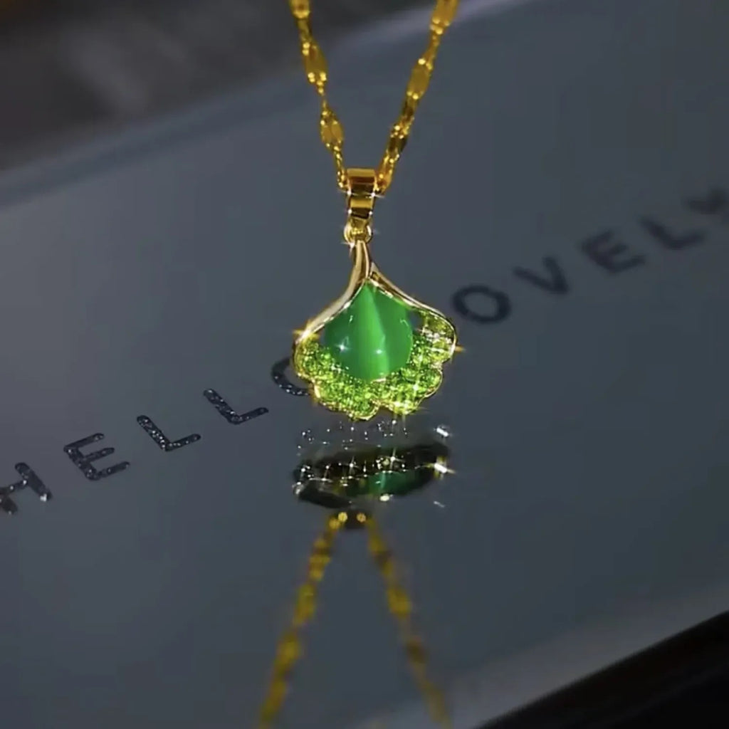 Ginkgo Leaf Green Cat's Eye Stone Clavicle Necklace