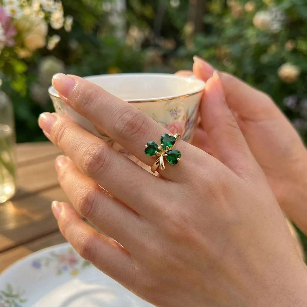 Gold Emerald Clover Fingertip Accent Ring for Women - Electroplated Copper — lifestyle