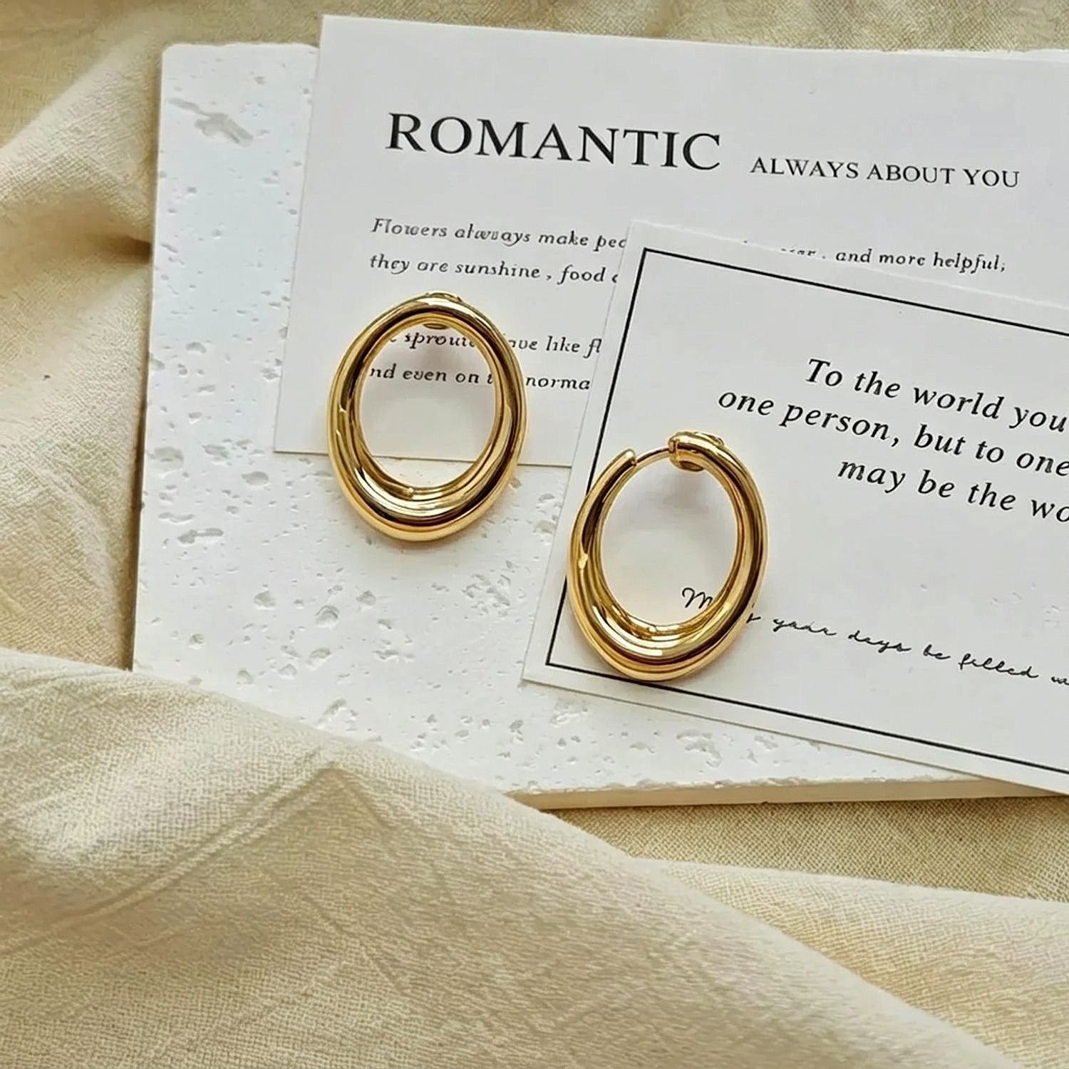 Gold Plated Glossy Oval Hoop Earrings for Women - Minimalist Pierced Jewelry