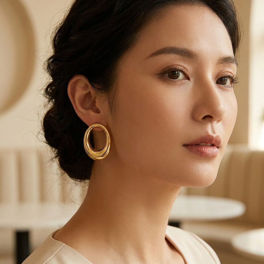 Gold Plated Glossy Oval Hoop Earrings for Women - Minimalist Pierced Jewelry — lifestyle