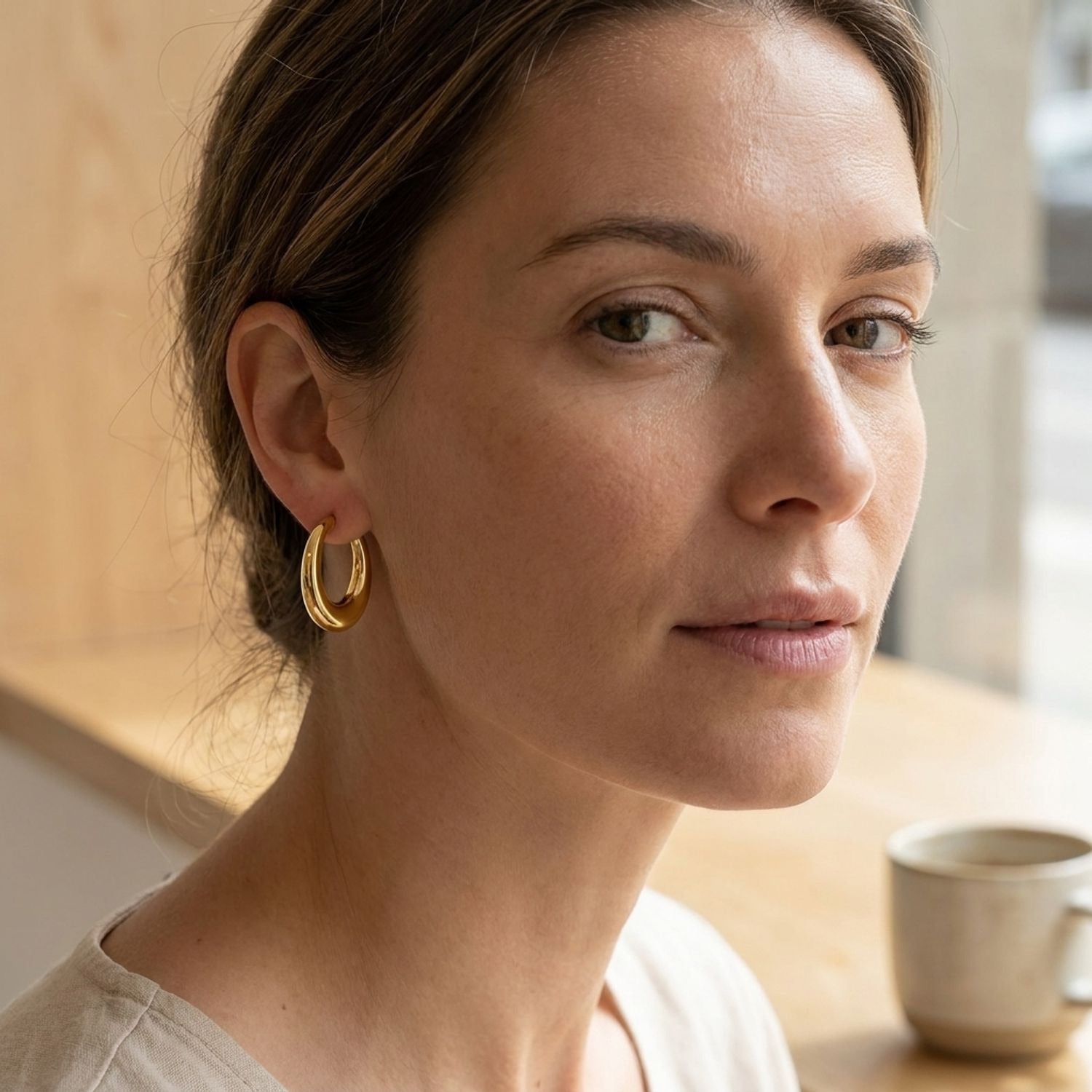 Gold Plated Glossy Oval Hoop Earrings for Women - Minimalist Pierced Jewelry — lifestyle