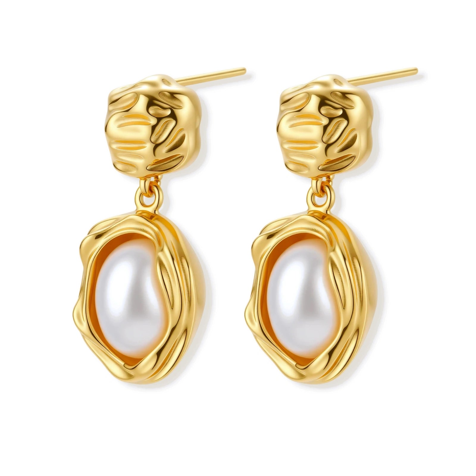 Gold-plated textured stud earrings with white freshwater pearl drops, close-up detail