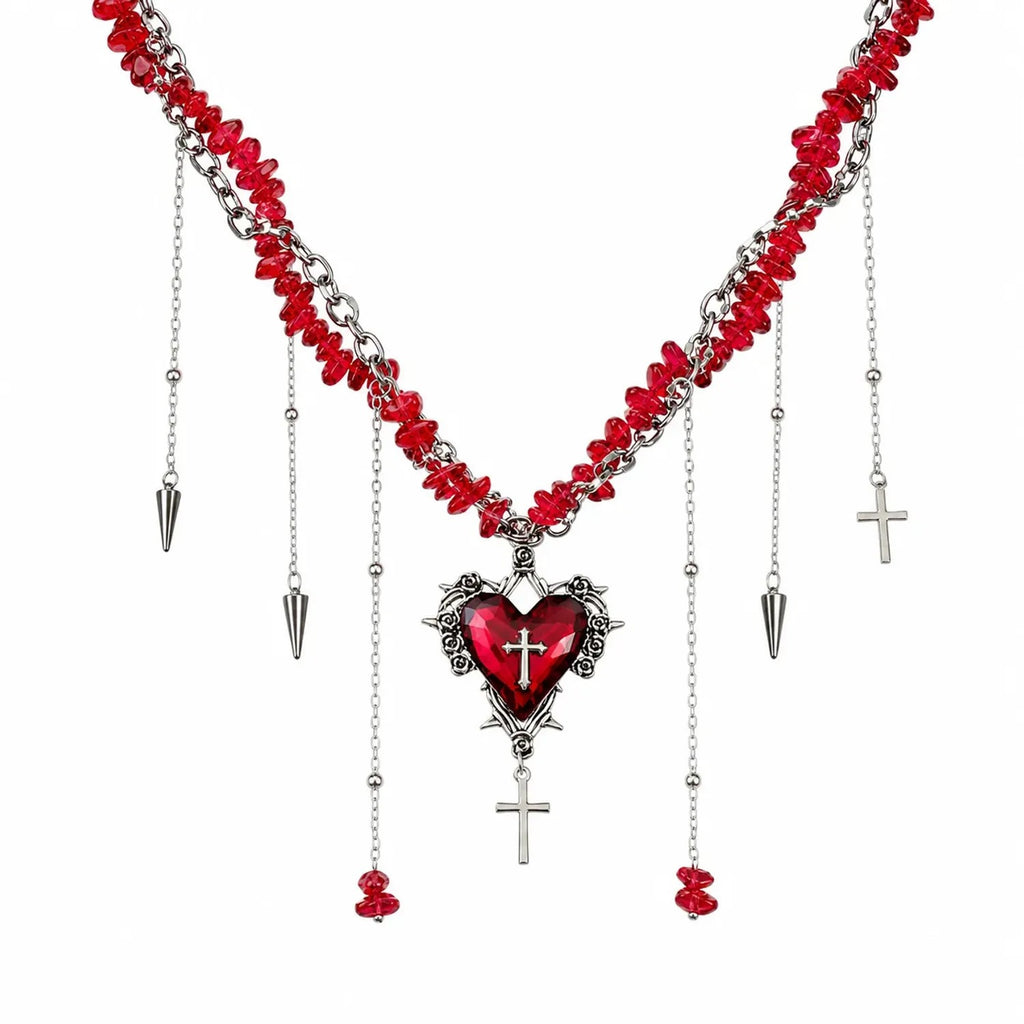 Gothic Cross-Heart Tassel Multilayer Necklace