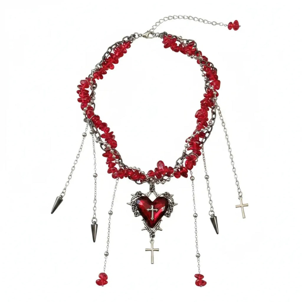 Gothic Cross-Heart Tassel Multilayer Necklace
