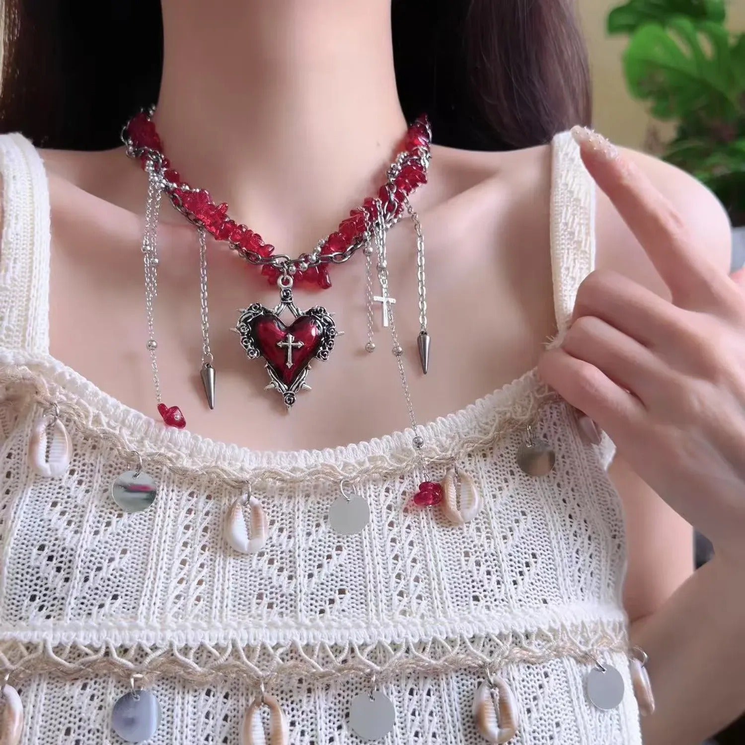 Gothic Cross-Heart Tassel Multilayer Necklace