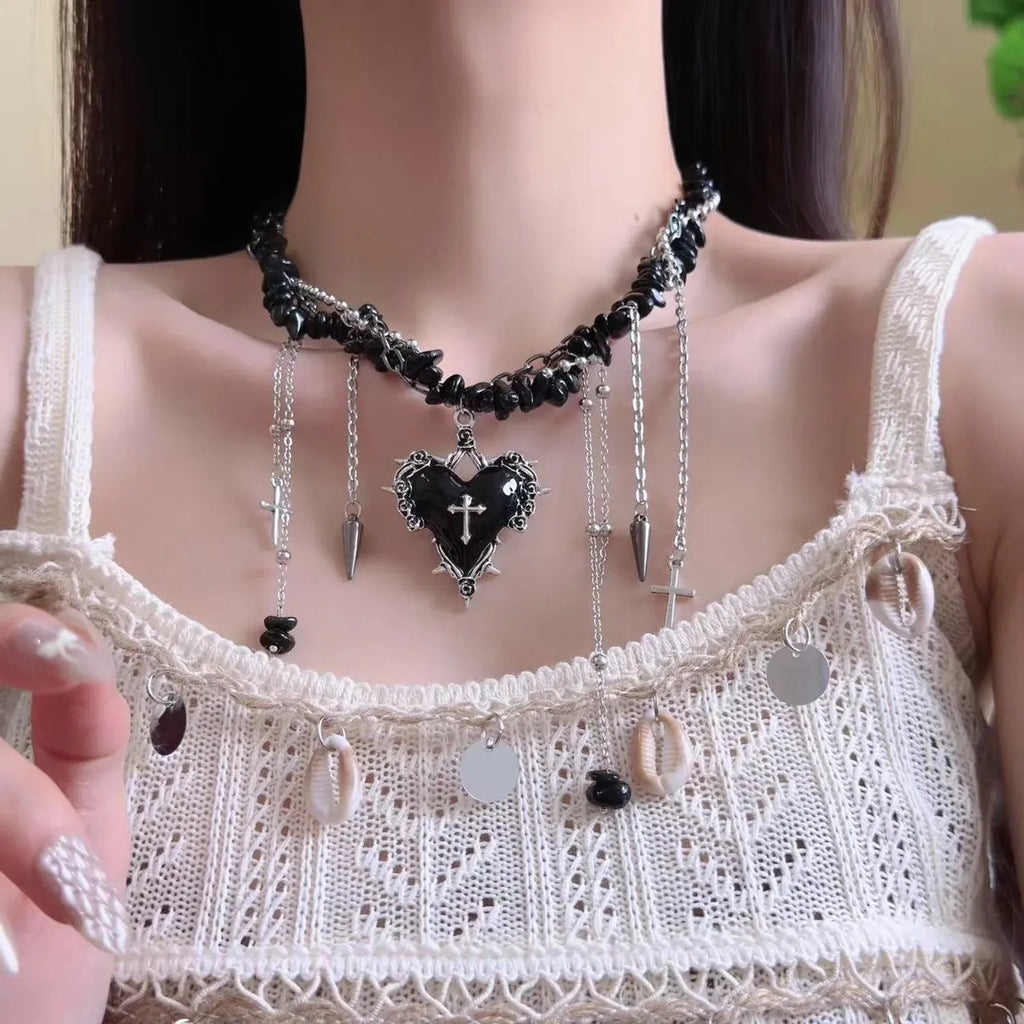 Gothic Cross-Heart Tassel Multilayer Necklace