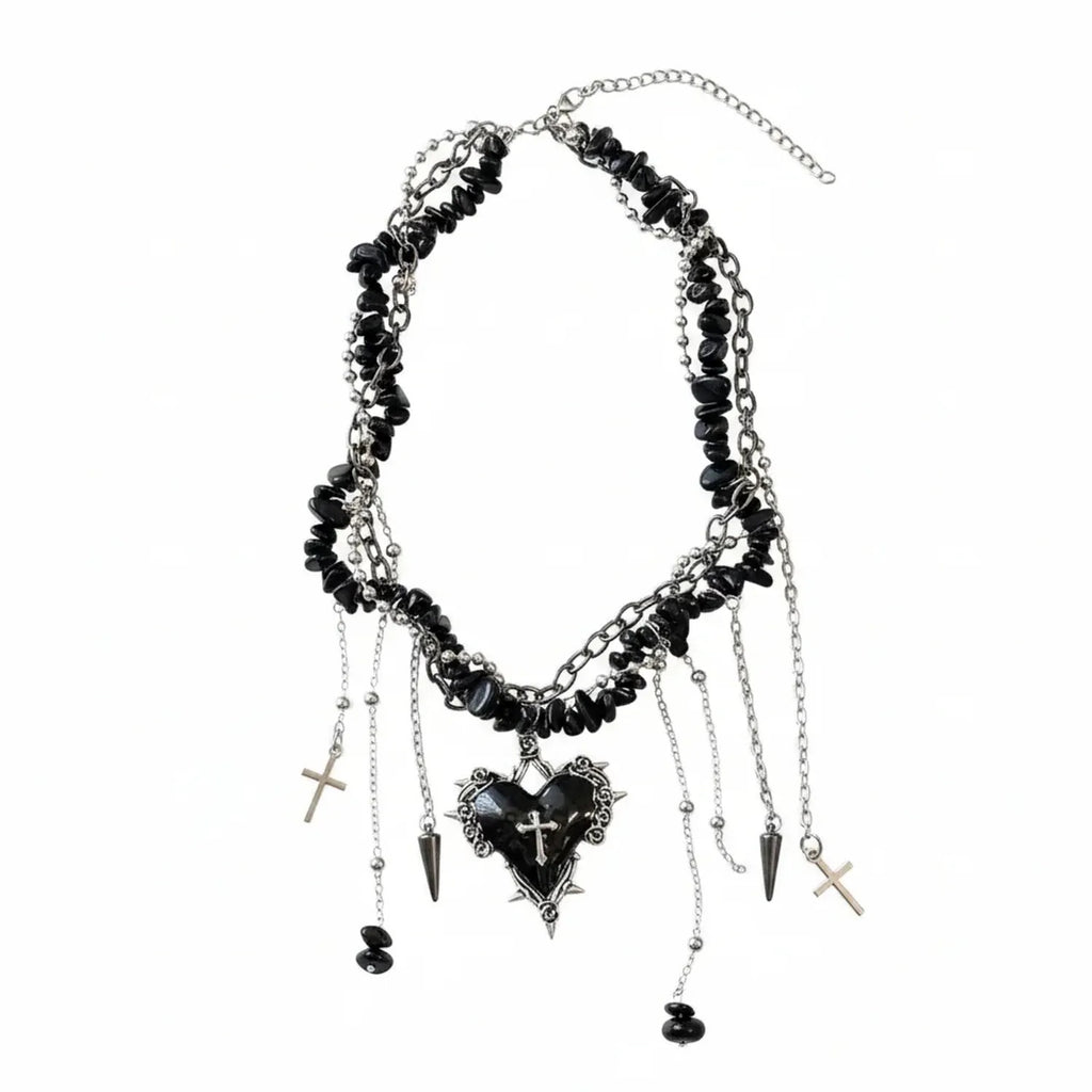 Gothic Cross-Heart Tassel Multilayer Necklace