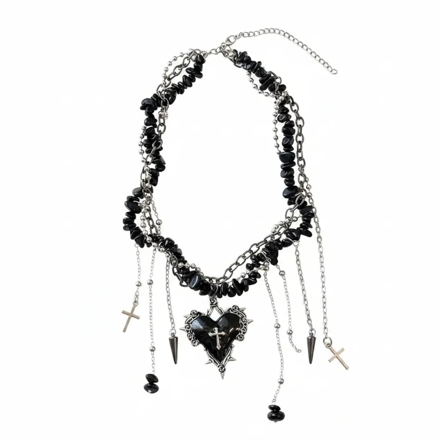 Gothic Cross-Heart Tassel Multilayer Necklace