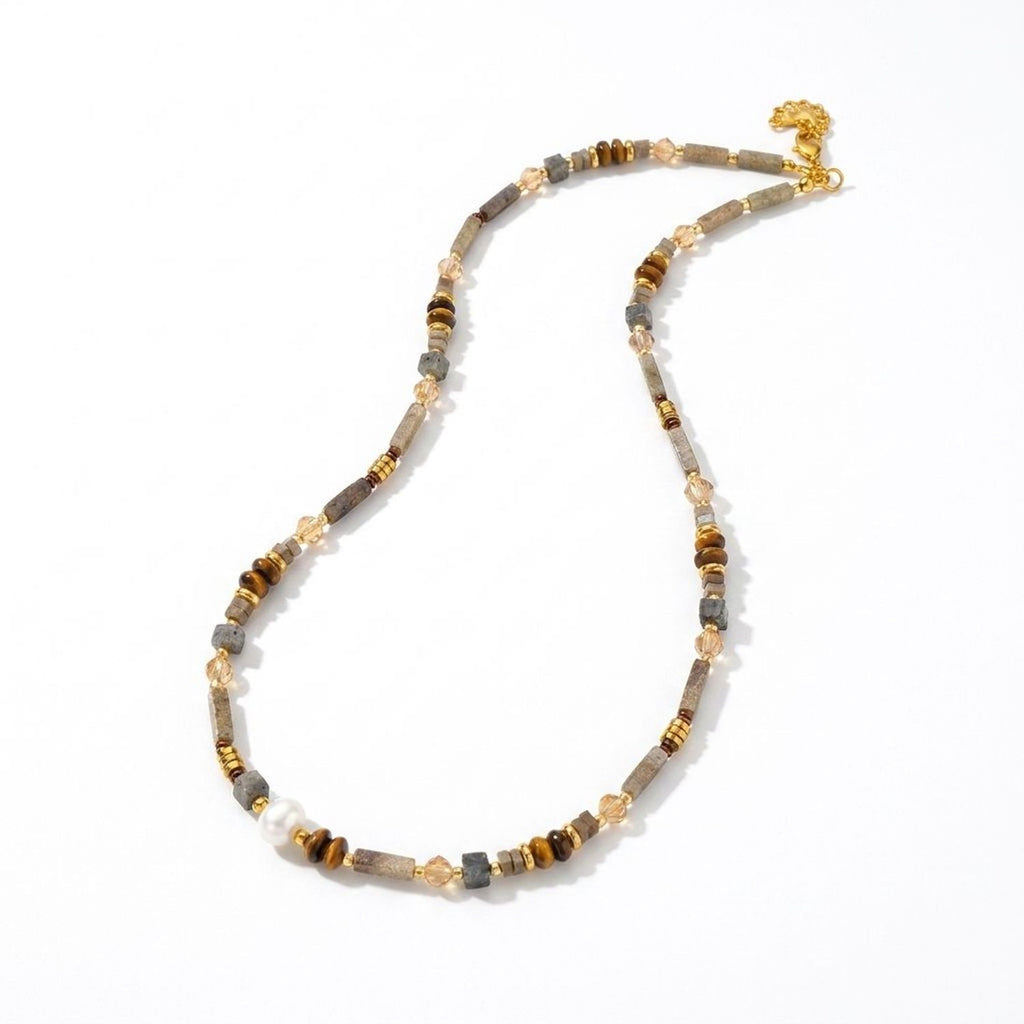 Green Tourmaline & Rose Stone Beaded Necklace, Retro Floral Clavicle Gold Chain