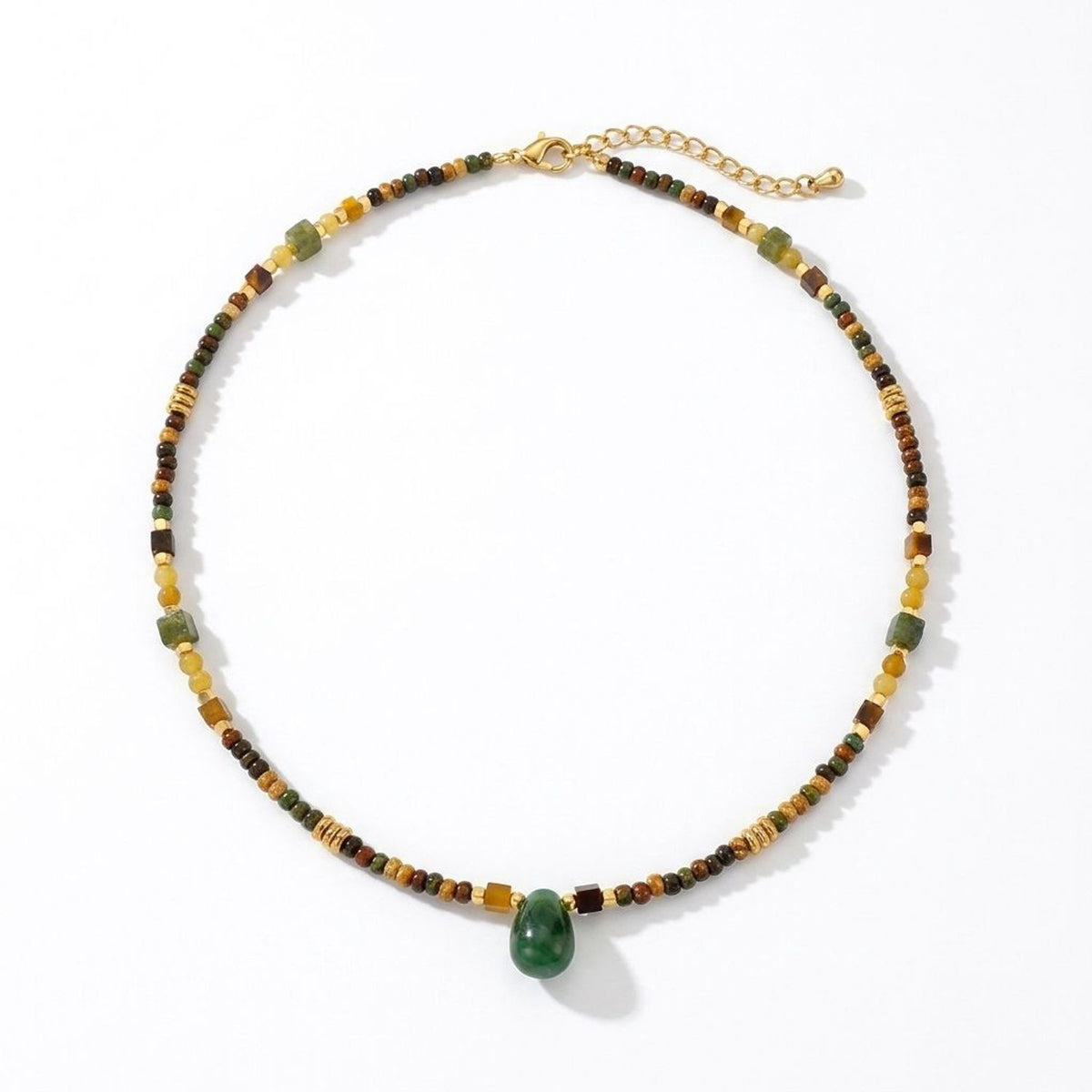 Green Tourmaline & Rose Stone Beaded Necklace, Retro Floral Clavicle Gold Chain