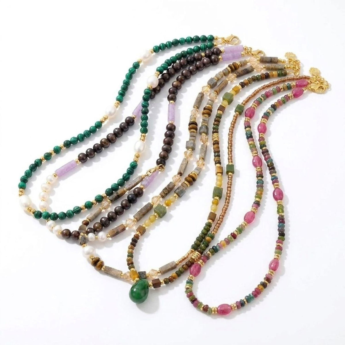 Green Tourmaline & Rose Stone Beaded Necklace, Retro Floral Clavicle Gold Chain