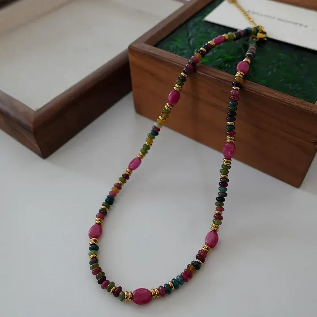 Green Tourmaline & Rose Stone Beaded Necklace, Retro Floral Clavicle Gold Chain