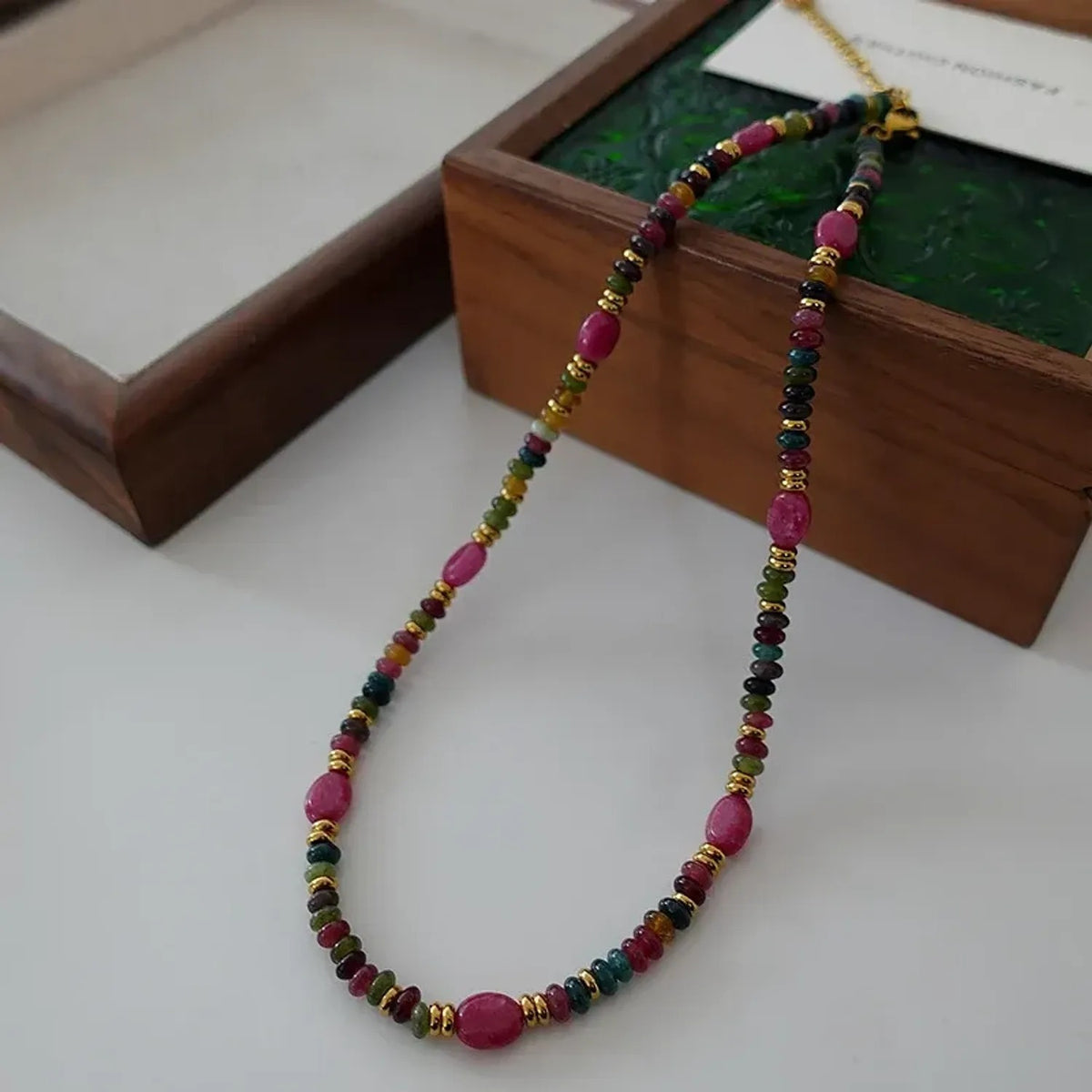 Green Tourmaline & Rose Stone Beaded Necklace, Retro Floral Clavicle Gold Chain