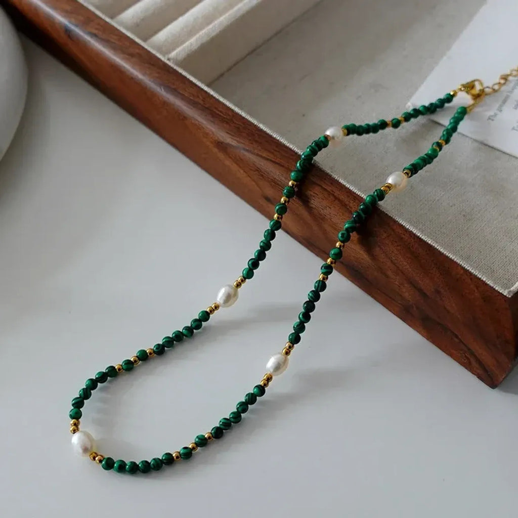 Green Tourmaline & Rose Stone Beaded Necklace, Retro Floral Clavicle Gold Chain