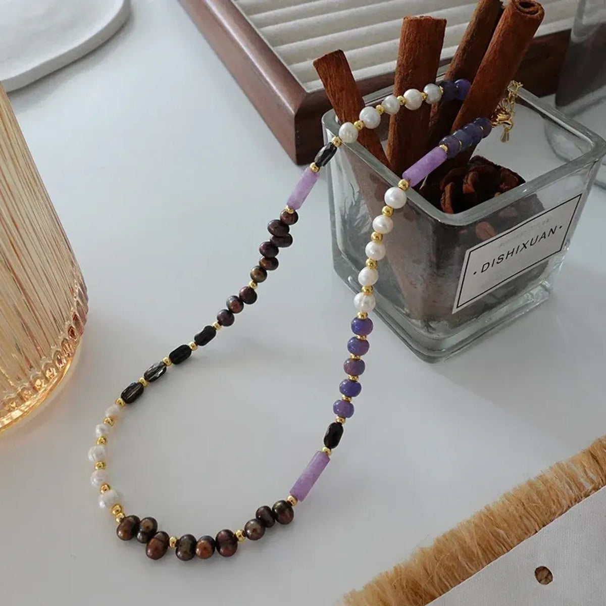 Green Tourmaline & Rose Stone Beaded Necklace, Retro Floral Clavicle Gold Chain