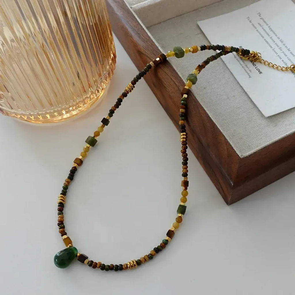 Green Tourmaline & Rose Stone Beaded Necklace, Retro Floral Clavicle Gold Chain