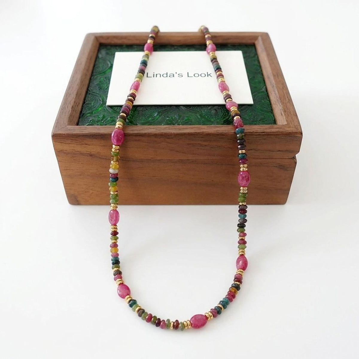 Green Tourmaline & Rose Stone Beaded Necklace, Retro Floral Clavicle Gold Chain