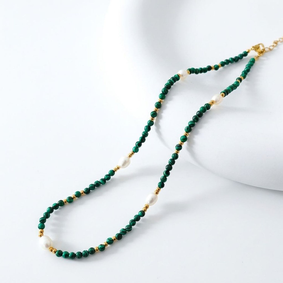 Green Tourmaline & Rose Stone Beaded Necklace, Retro Floral Clavicle Gold Chain