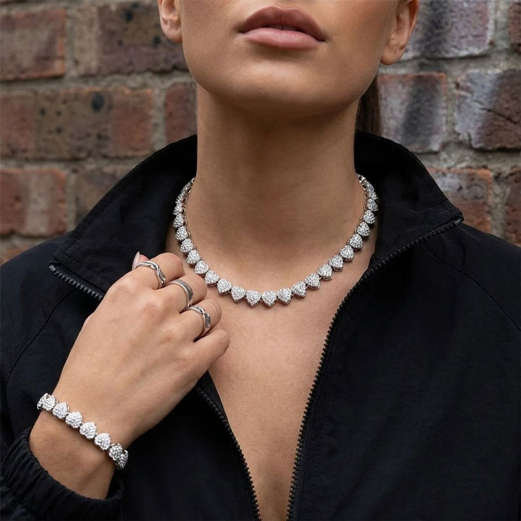 Unisex 10mm Heart Rhinestone Cuban Link Chain & Bracelet Jewelry Set
