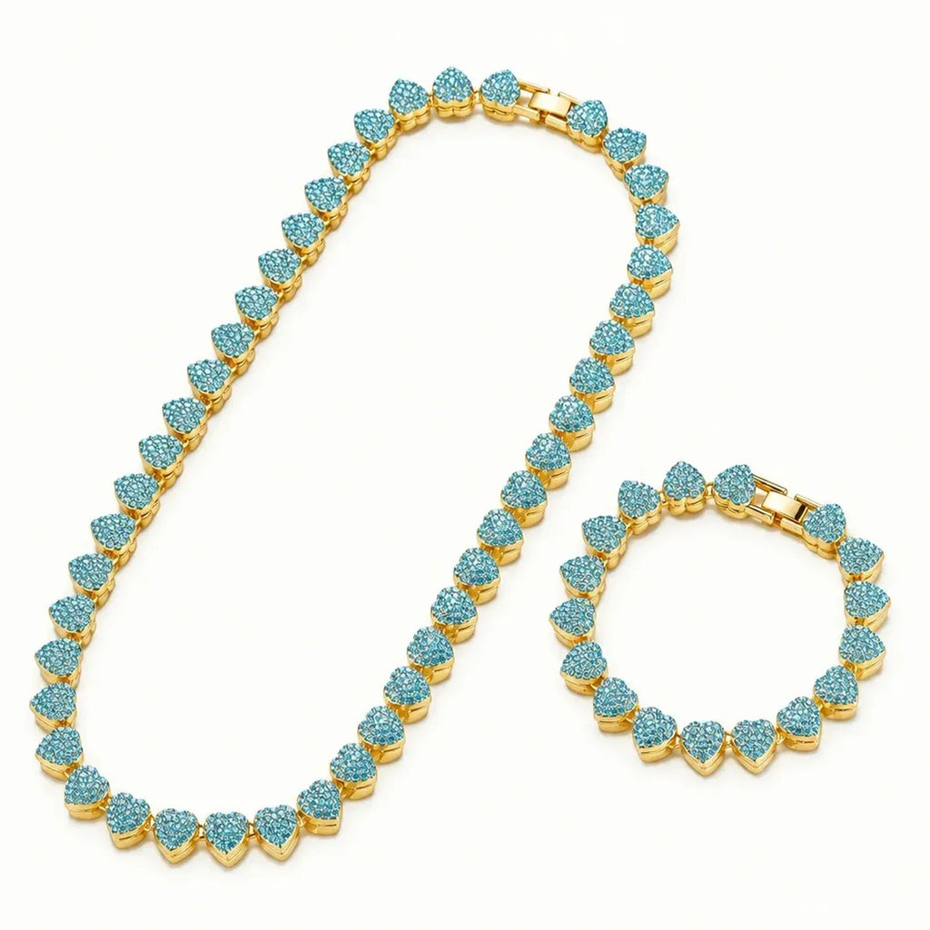 Unisex 10mm Heart Rhinestone Cuban Link Chain & Bracelet Jewelry Set