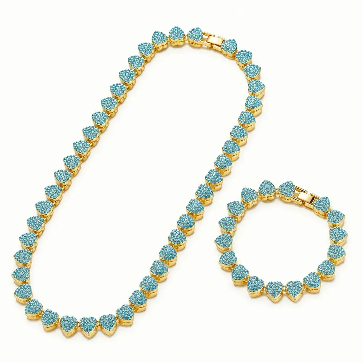 Unisex 10mm Heart Rhinestone Cuban Link Chain & Bracelet Jewelry Set