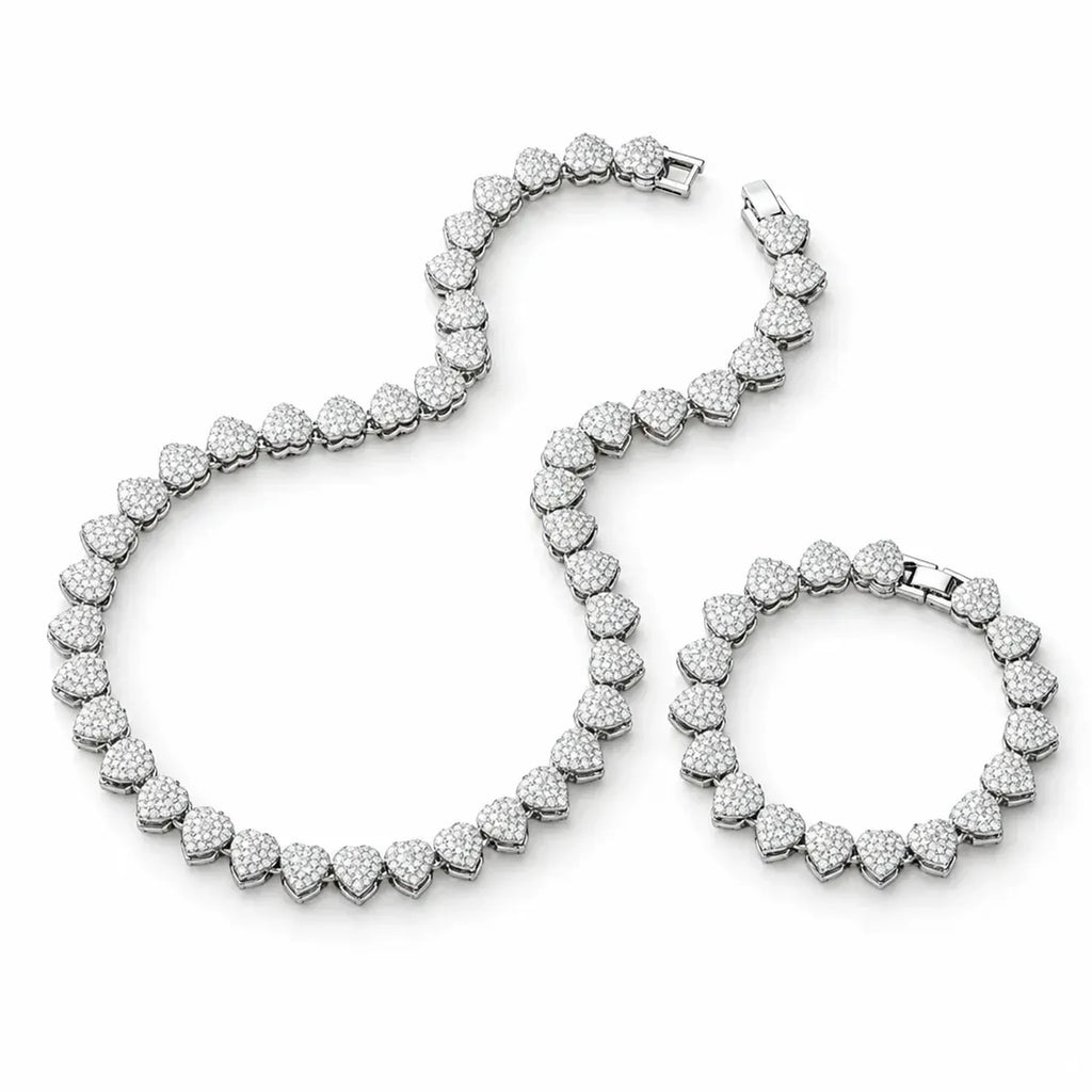 Unisex 10mm Heart Rhinestone Cuban Link Chain & Bracelet Jewelry Set