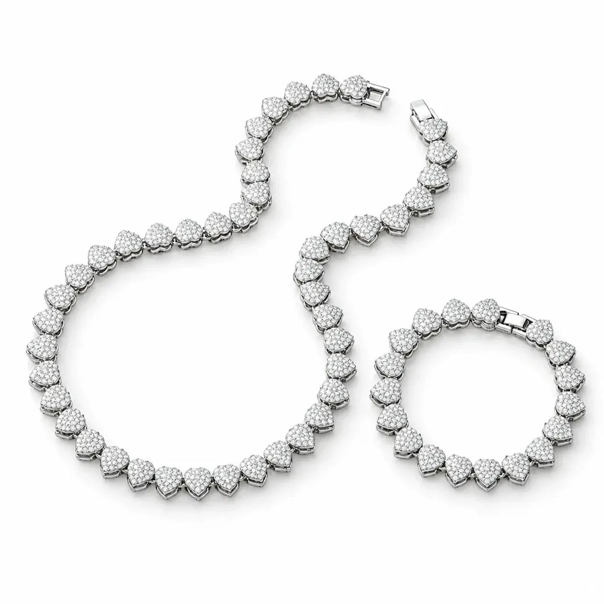 Unisex 10mm Heart Rhinestone Cuban Link Chain & Bracelet Jewelry Set
