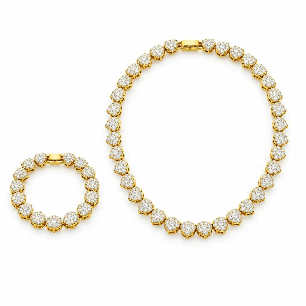 Unisex 10mm Heart Rhinestone Cuban Link Chain & Bracelet Jewelry Set