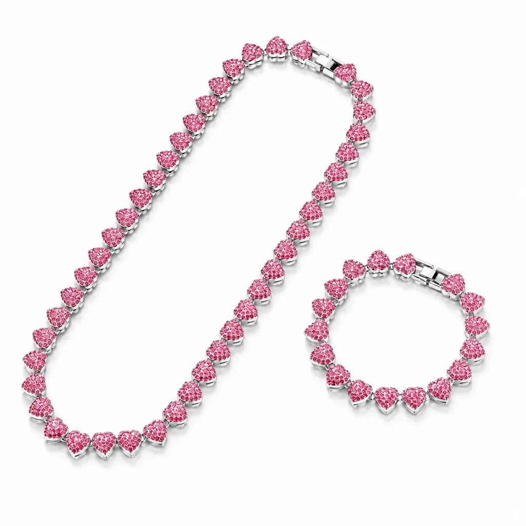 Unisex 10mm Heart Rhinestone Cuban Link Chain & Bracelet Jewelry Set