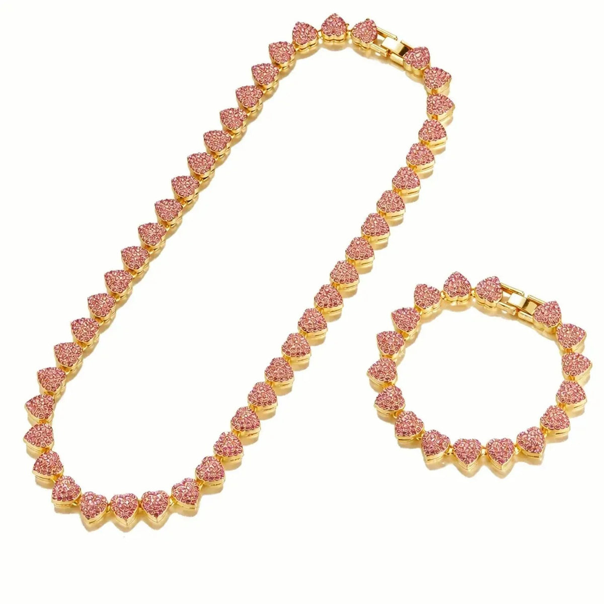 Unisex 10mm Heart Rhinestone Cuban Link Chain & Bracelet Jewelry Set