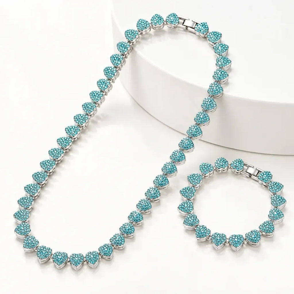 Unisex 10mm Heart Rhinestone Cuban Link Chain & Bracelet Jewelry Set