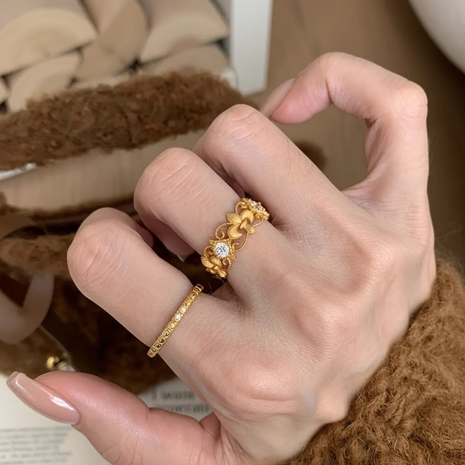 Hollow Textured Wide Band Ring