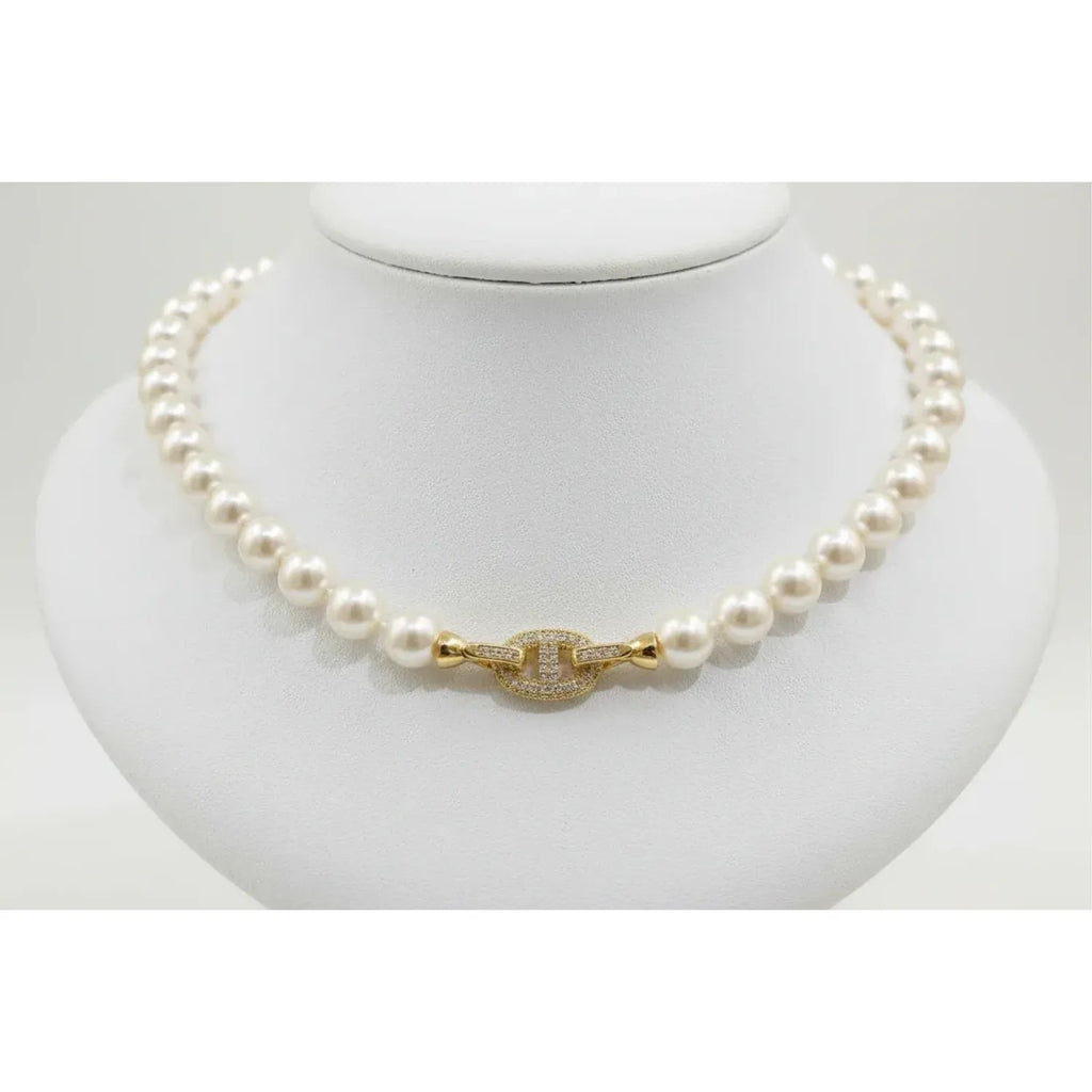 Horseshoe Clasp Faux Pearl Sweater Chain Necklace